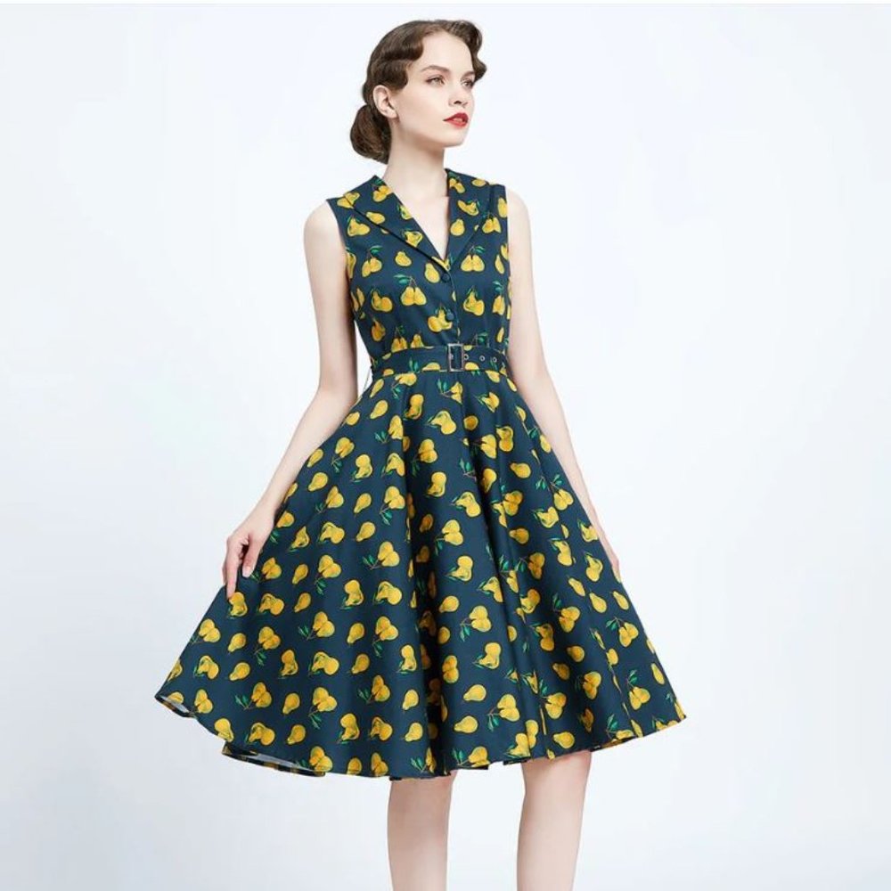 Chic Sleeveless Navy Dress with Yellow Floral Print